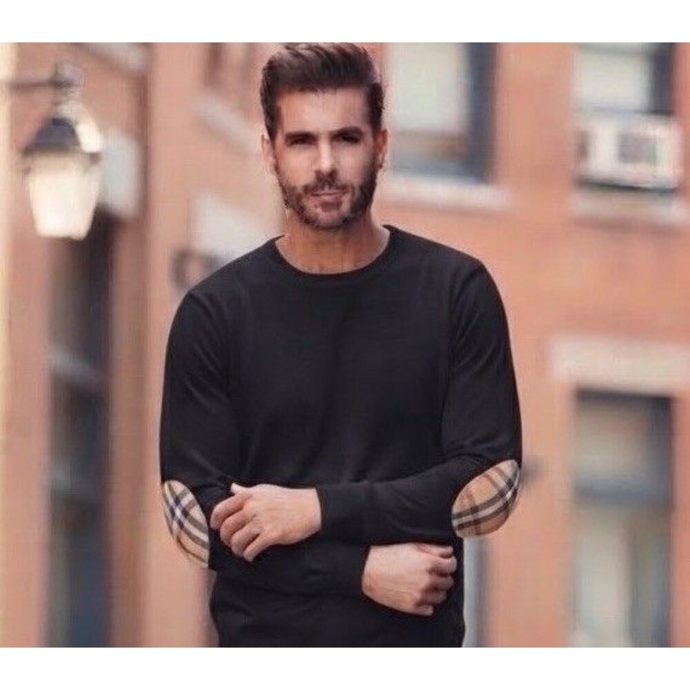 BURBERRY BRIT ELBOW CHECK PATCHES PULLOVER SWEATER 100% COTTON BLACK SZ S